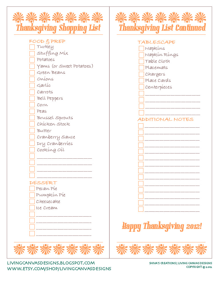 Thanksgiving Dinner Shopping List
 SHIVA S CREATIONS LIVING CANVAS DESIGNS Free Printable