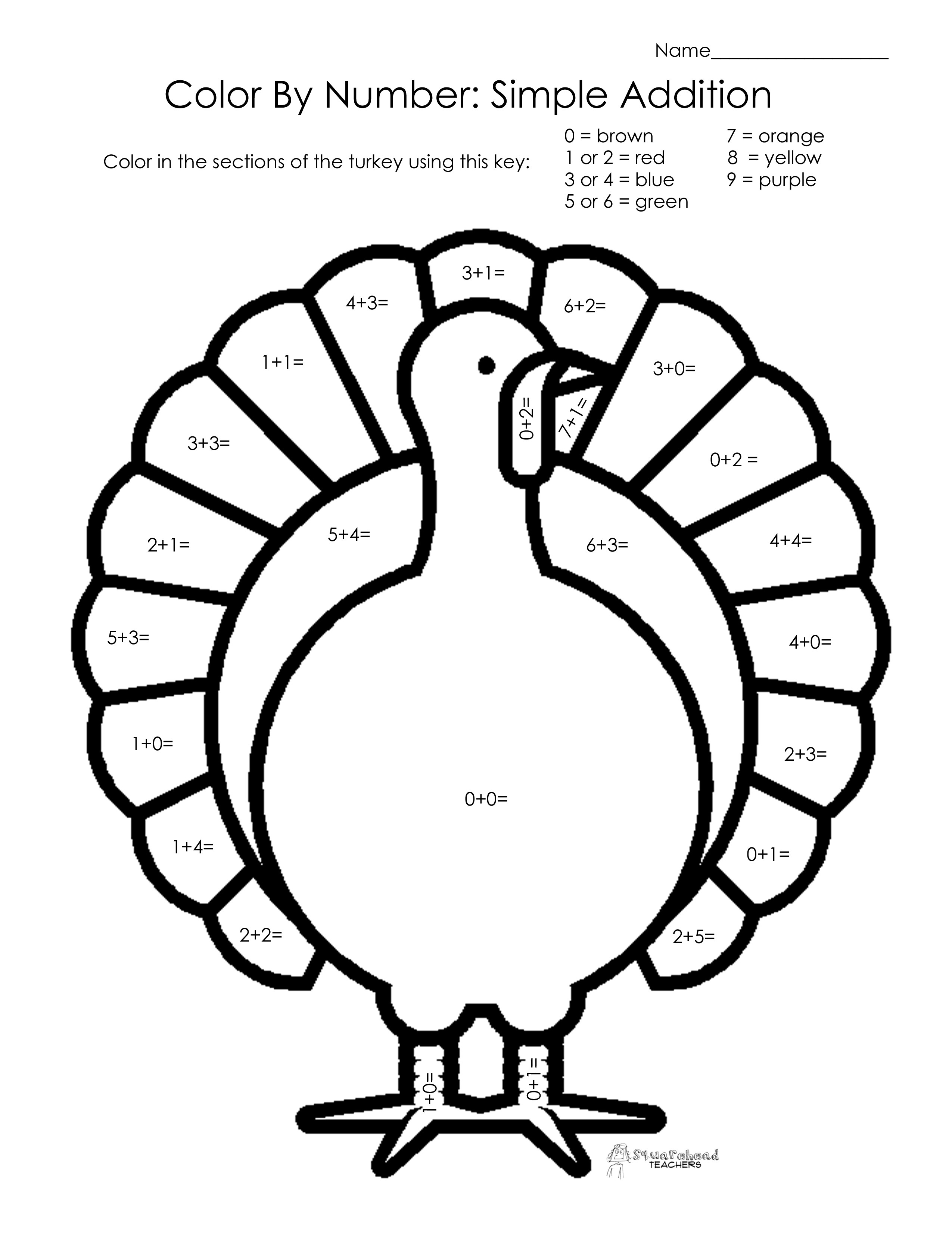 Thanksgiving Turkey Coloring Pages Printables
 Thanksgiving Color By Number Simple Addition